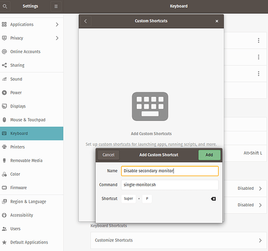 PopOS custom keyboard shortcuts