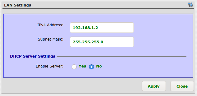 IP 192.168.1.2, subnet mask 255.255.255.0, DHCP disabled