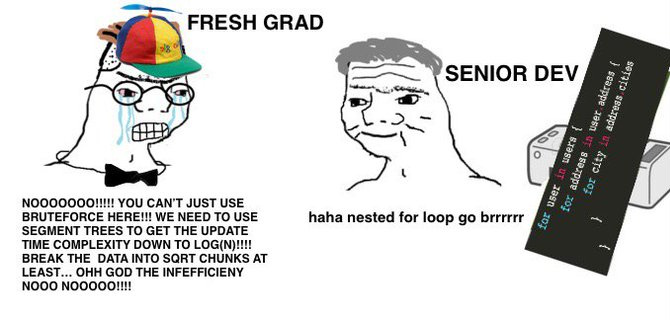 new grad vs senior dev, nested for loop go brrrrrr|